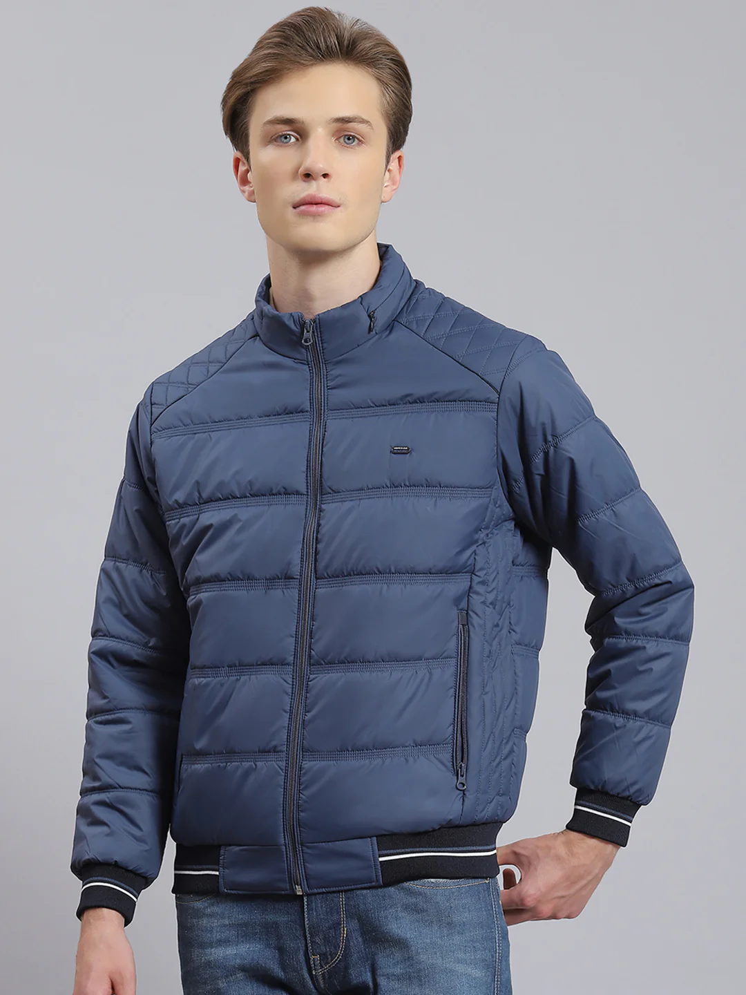 Men Navy Blue Solid Stand Collar Full Sleeve Jacket - Image 3