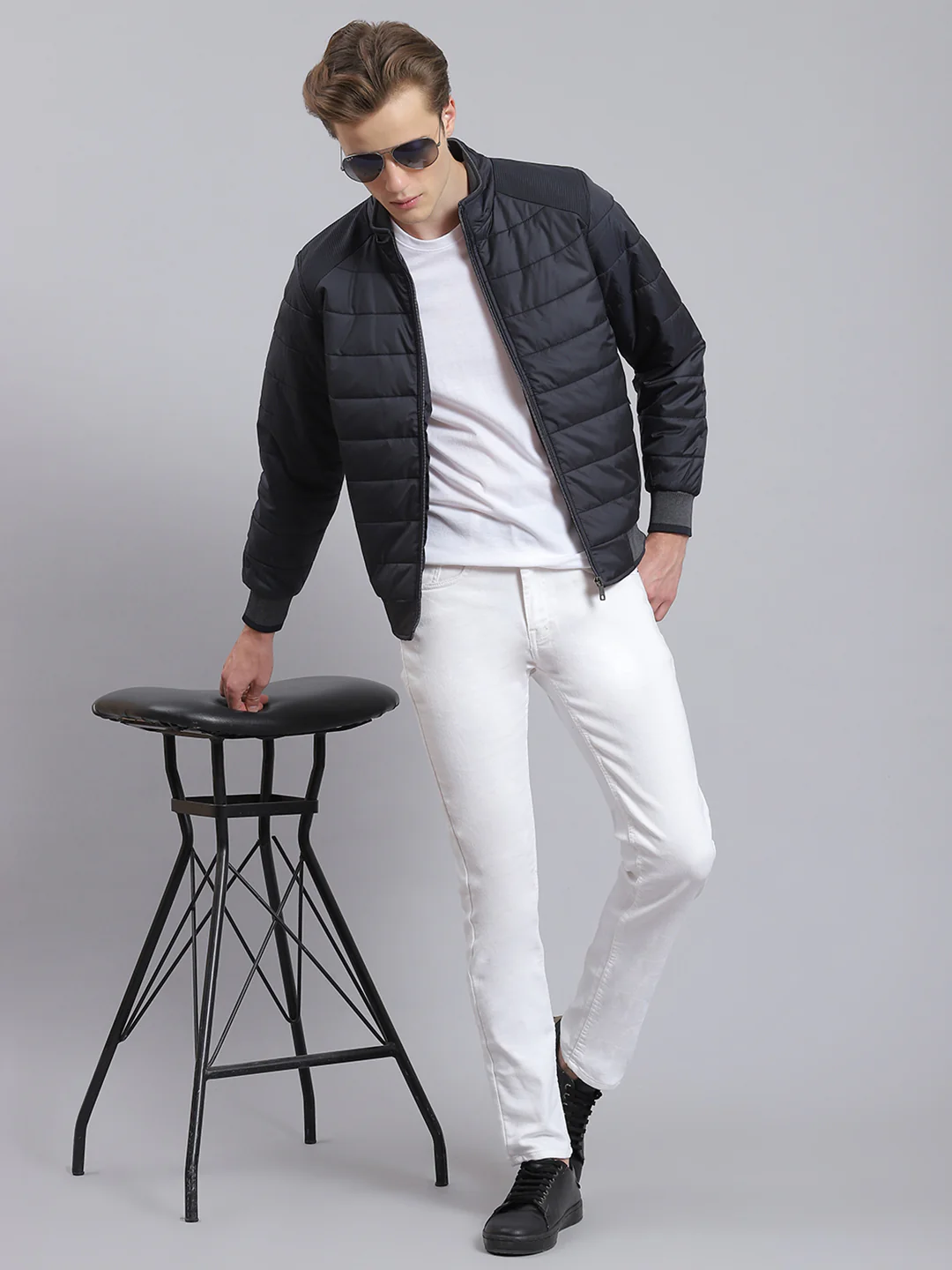 Men Navy Blue Solid Stand Collar Full Sleeve Jacket - Image 2