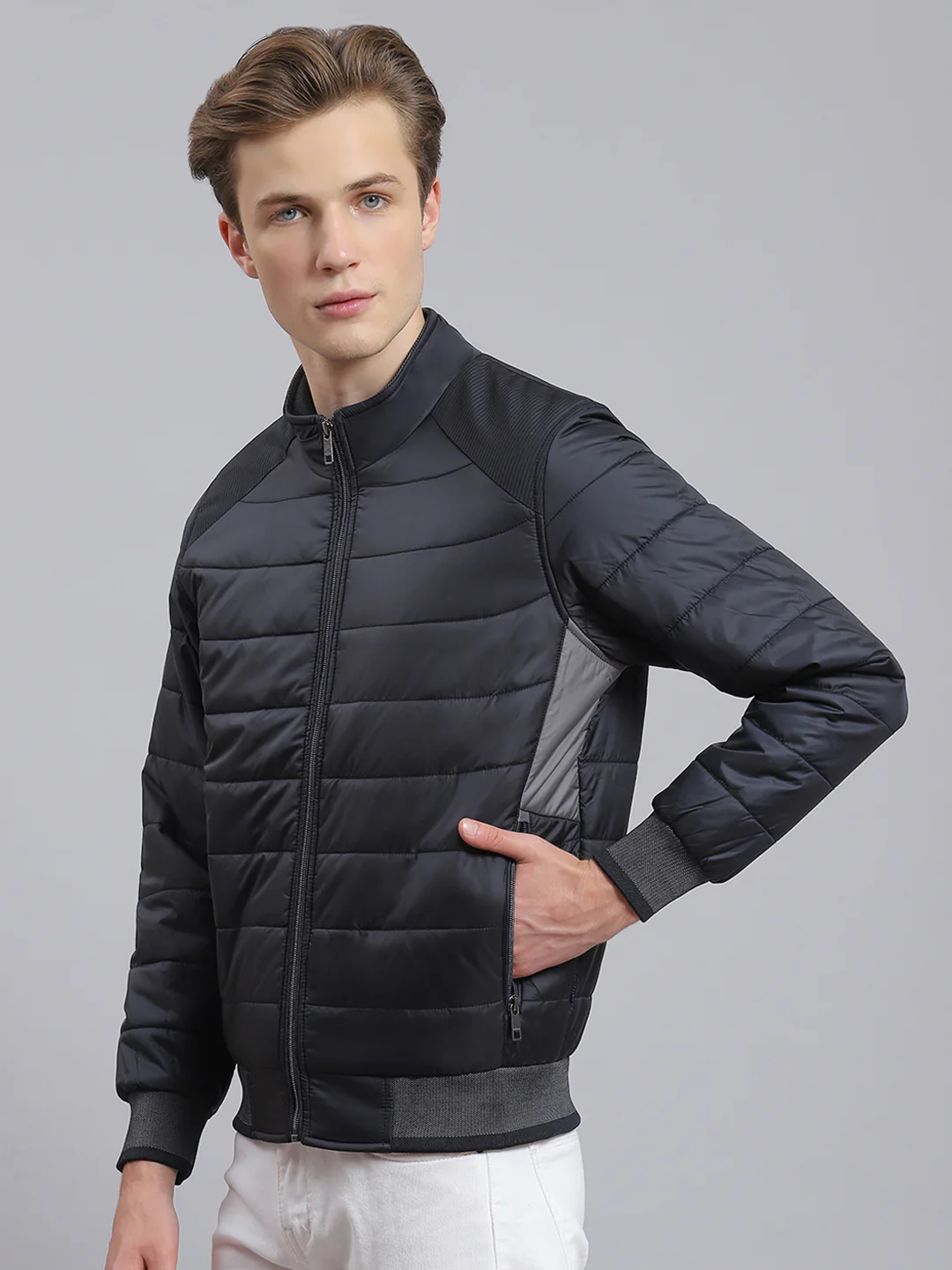 Men Navy Blue Solid Stand Collar Full Sleeve Jacket - Image 3