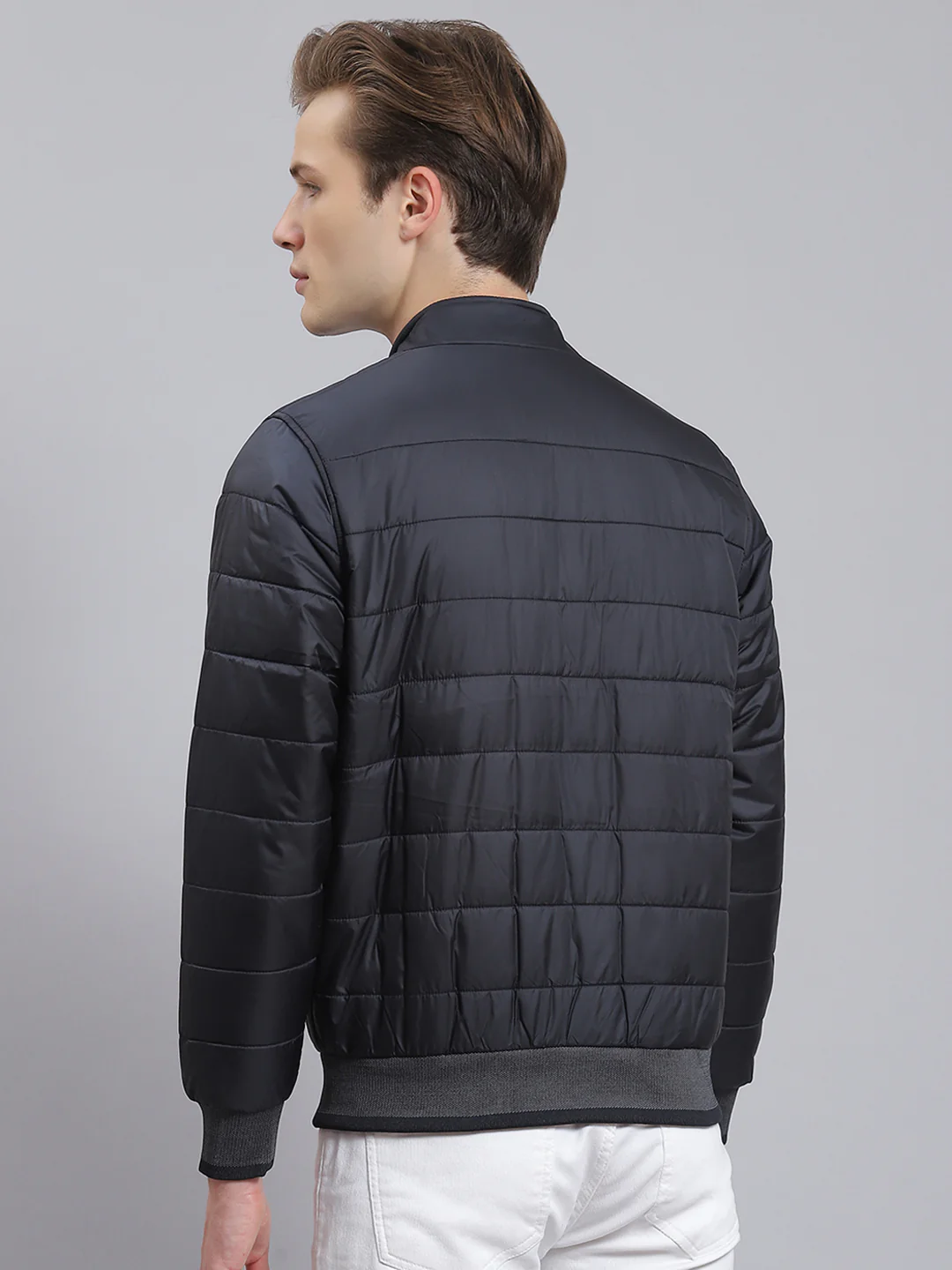 Men Navy Blue Solid Stand Collar Full Sleeve Jacket - Image 5