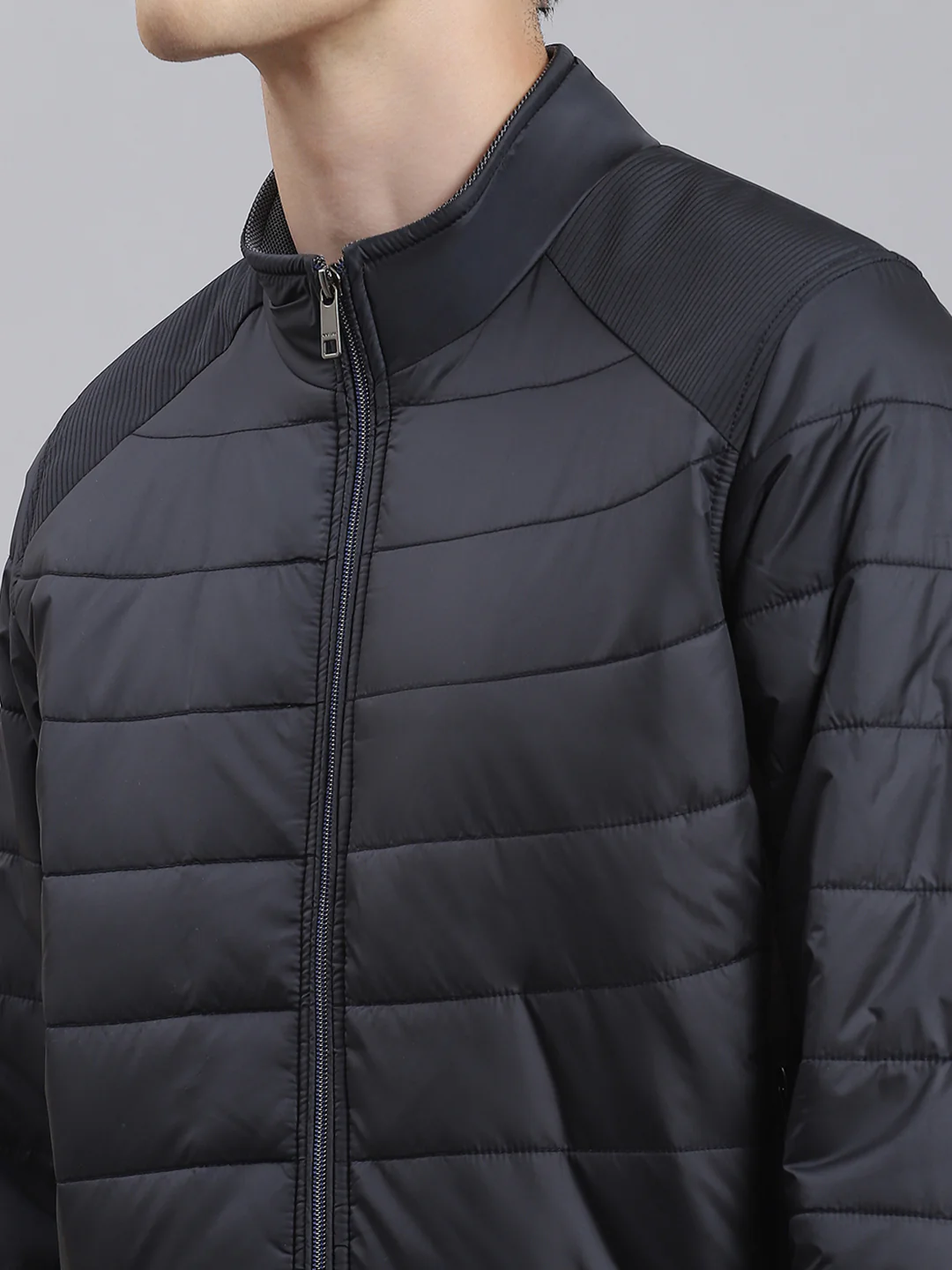 Men Navy Blue Solid Stand Collar Full Sleeve Jacket - Image 6