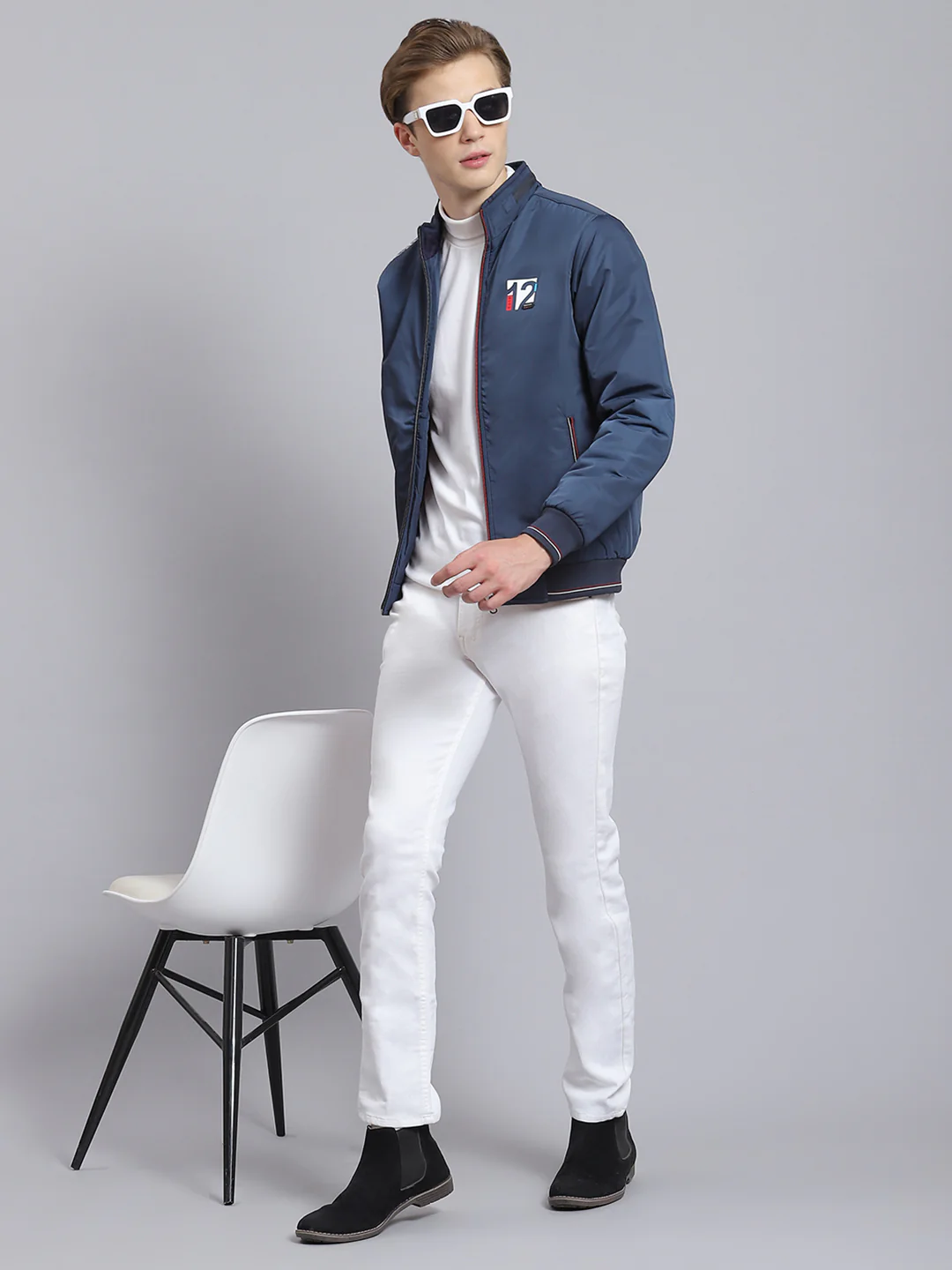 Men Navy Blue Solid Stand Collar Full Sleeve Jacket - Image 2