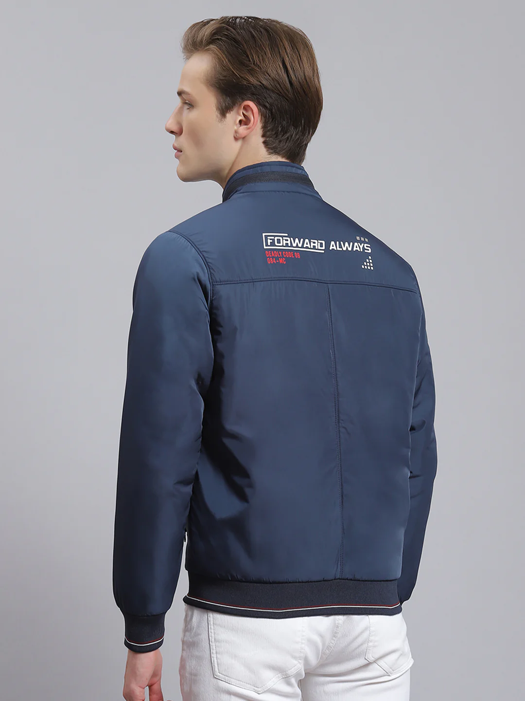 Men Navy Blue Solid Stand Collar Full Sleeve Jacket - Image 5