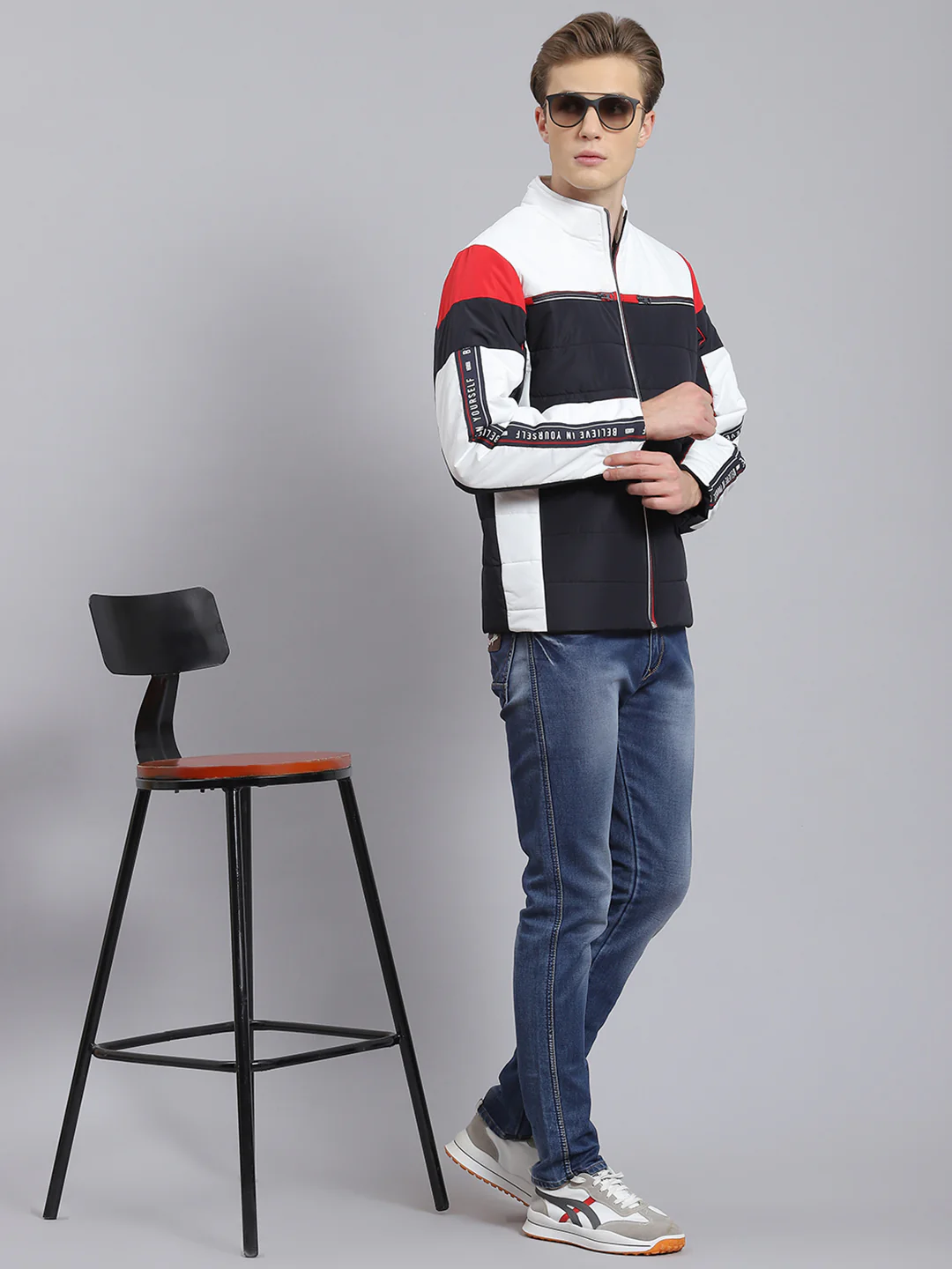Men Navy Blue Solid Stand Collar Full Sleeve Jacket - Image 2