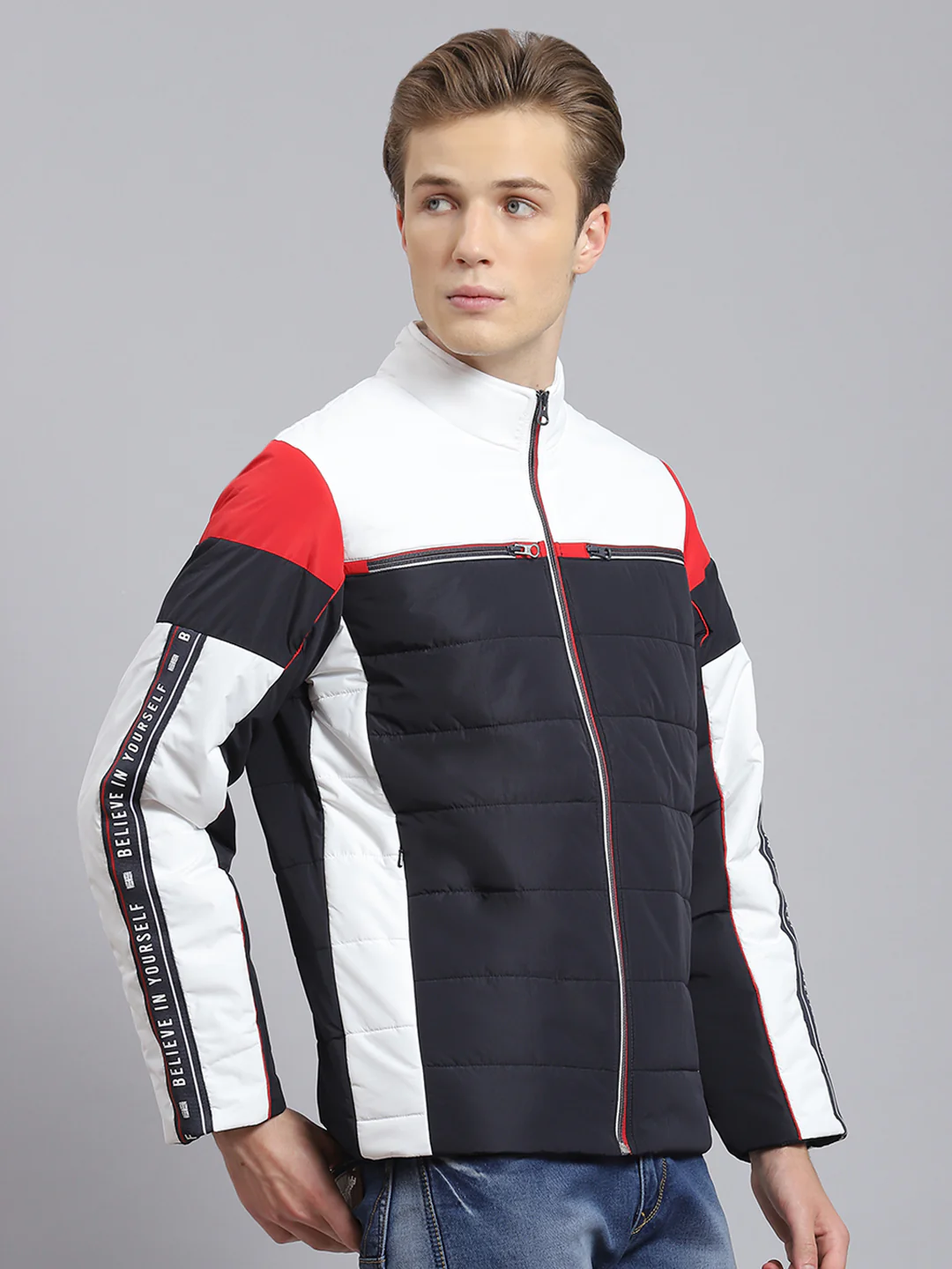 Men Navy Blue Solid Stand Collar Full Sleeve Jacket - Image 4