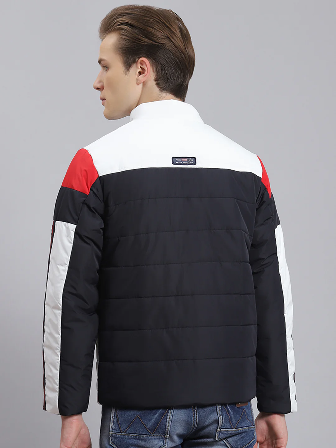 Men Navy Blue Solid Stand Collar Full Sleeve Jacket - Image 5