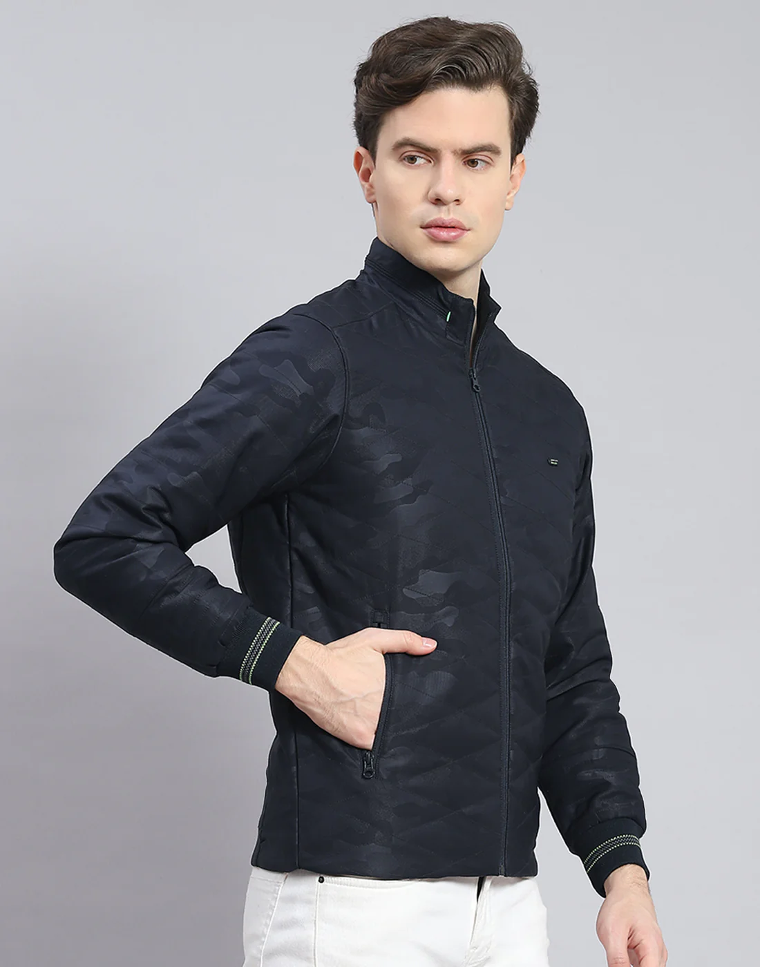 Men Navy Blue Solid Stand Collar Full Sleeve Jacket - Image 4