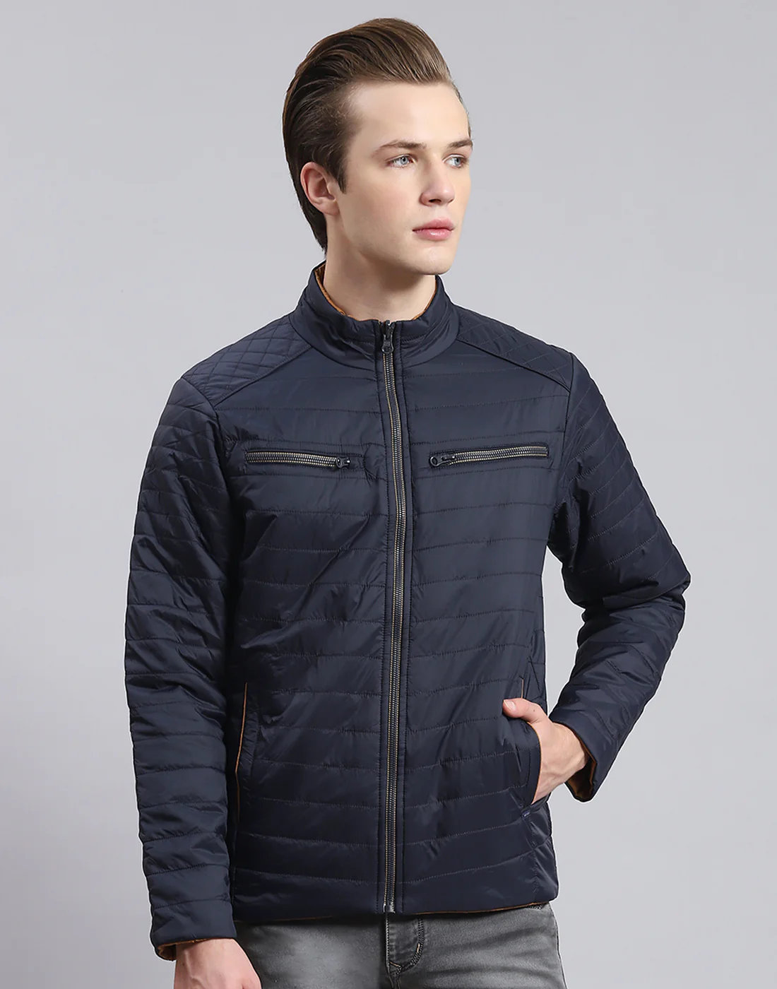 Men Navy Blue Solid Stand Collar Full Sleeve Jacket - Image 4