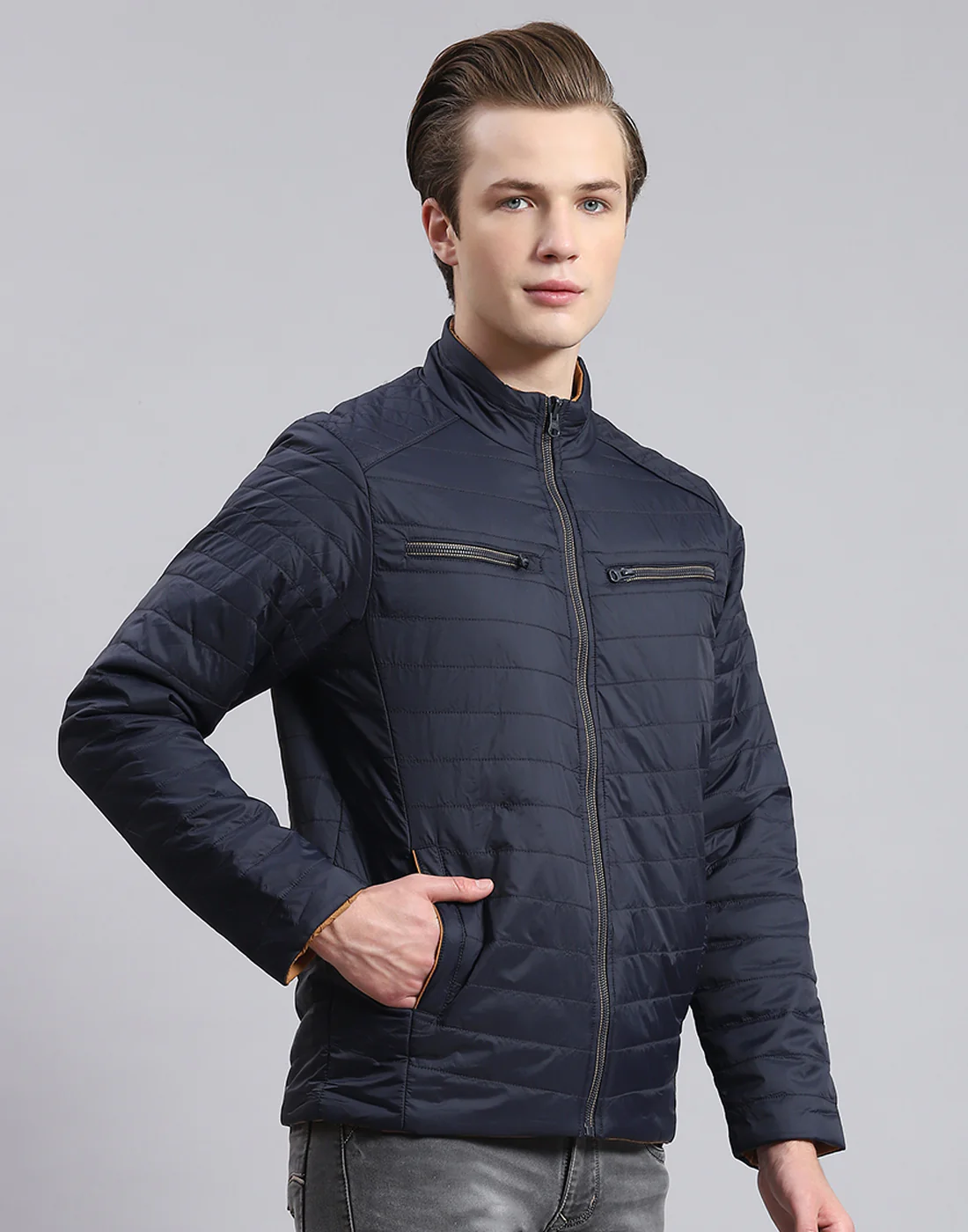 Men Navy Blue Solid Stand Collar Full Sleeve Jacket - Image 6