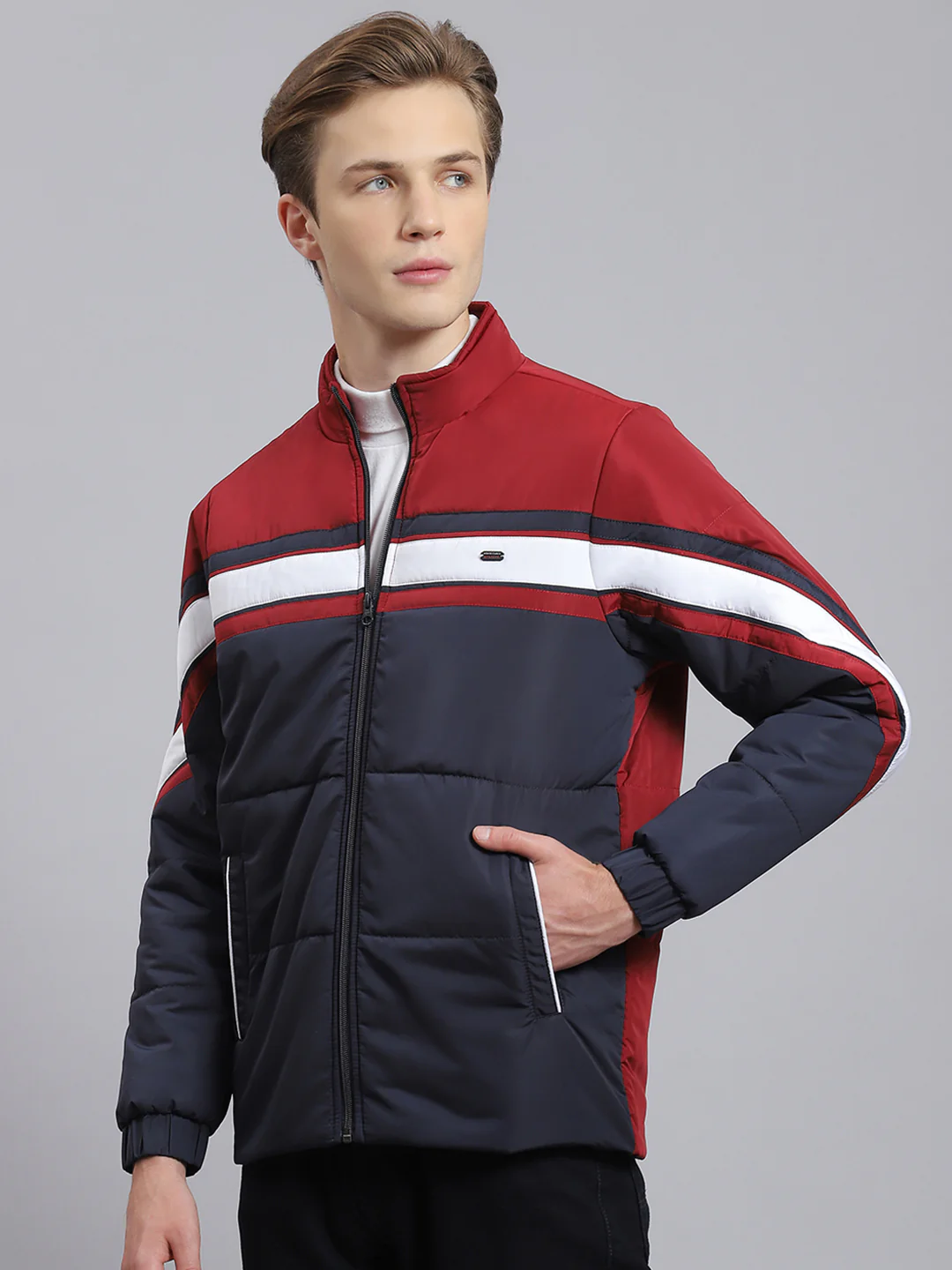 Men Navy Blue Solid Stand Collar Full Sleeve Jacket - Image 3