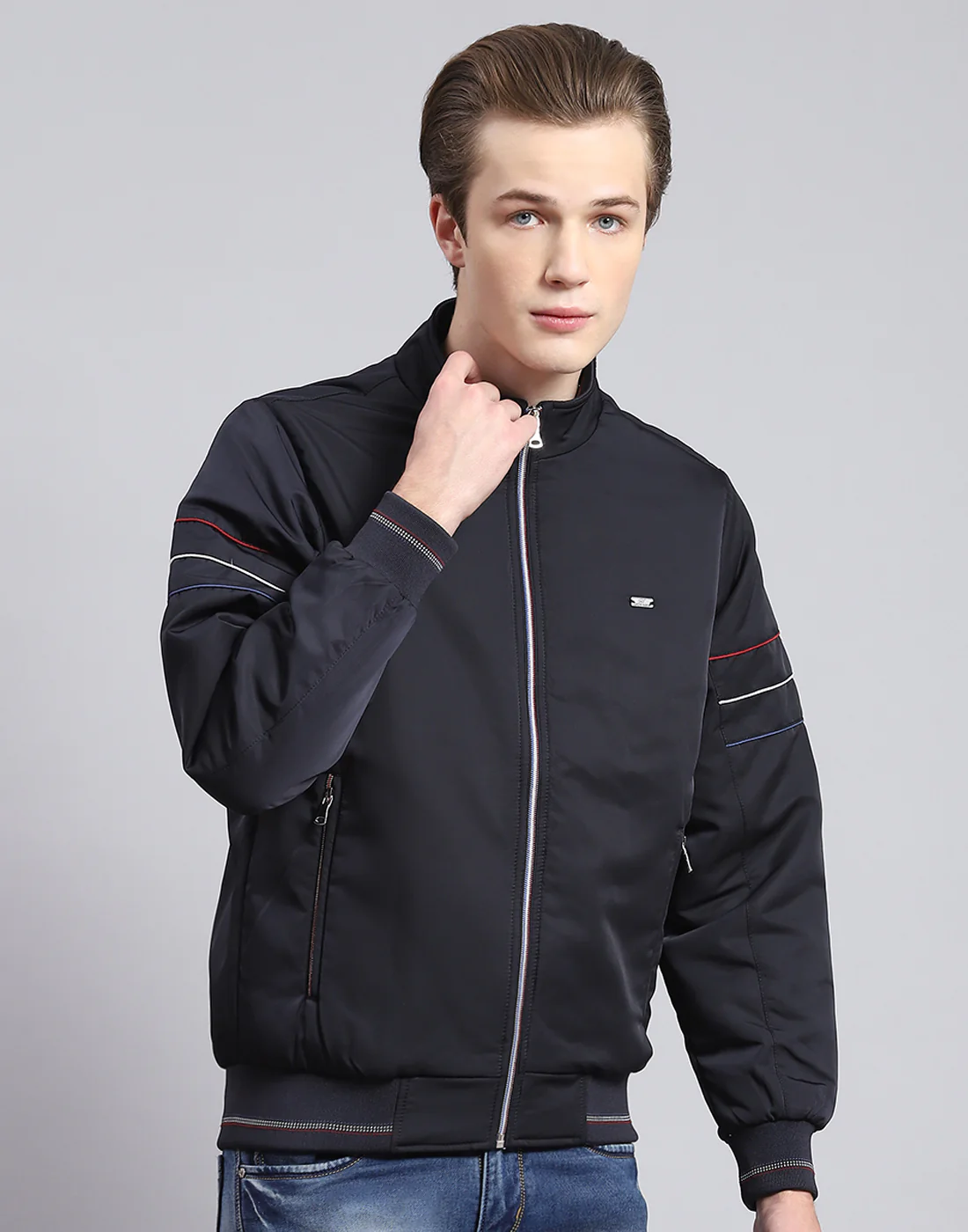 Men Navy Blue Solid Stand Collar Full Sleeve Jacket - Image 4