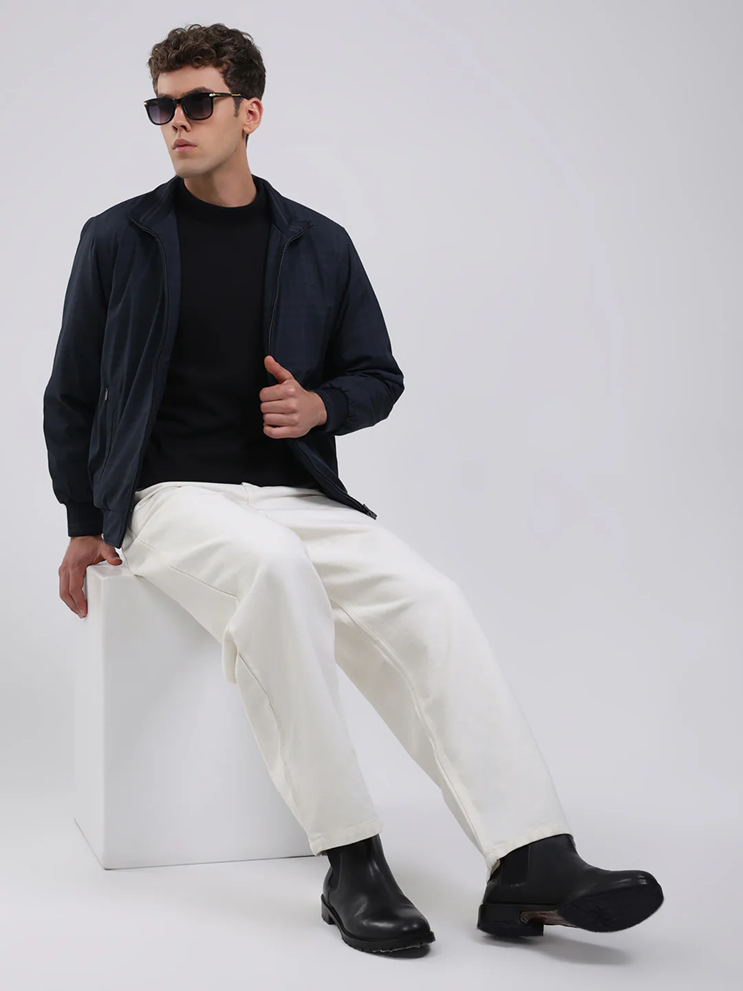 Men Navy Blue Solid Stand Collar Full Sleeve Jacket - Image 2