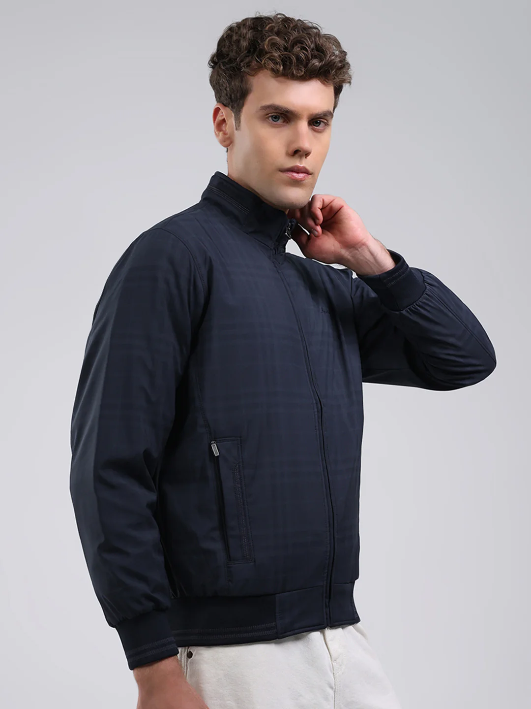 Men Navy Blue Solid Stand Collar Full Sleeve Jacket - Image 4