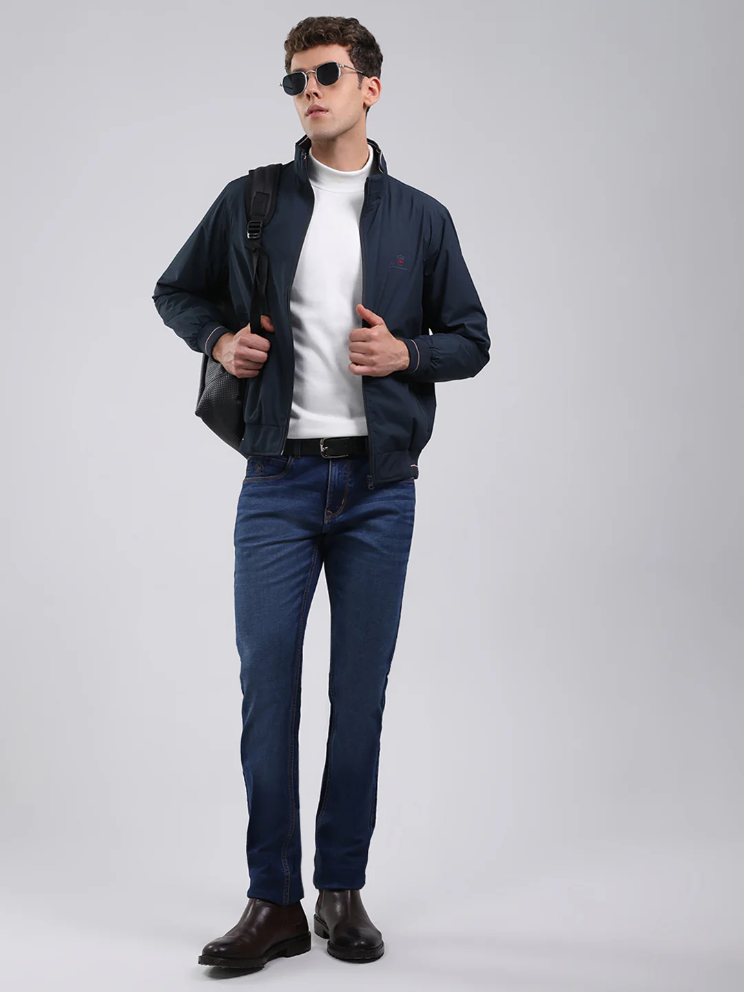 Men Navy Blue Solid Stand Collar Full Sleeve Jacket - Image 2