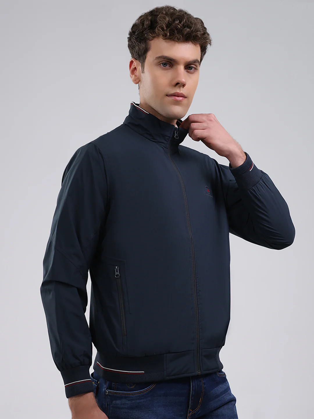 Men Navy Blue Solid Stand Collar Full Sleeve Jacket - Image 4