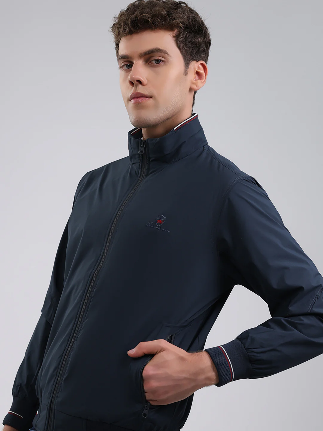 Men Navy Blue Solid Stand Collar Full Sleeve Jacket - Image 6