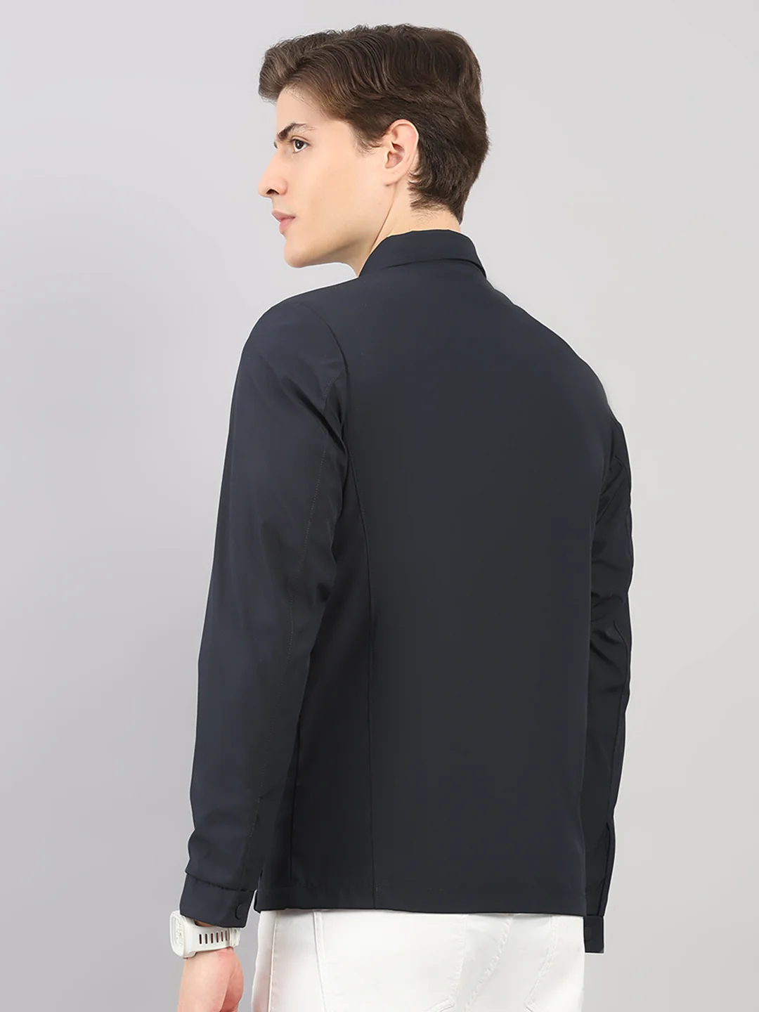Men Navy Blue Solid Stand Collar Full Sleeve Jacket - Image 5