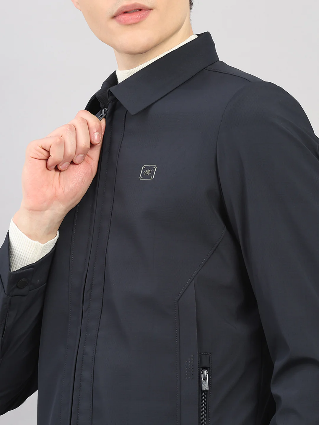 Men Navy Blue Solid Stand Collar Full Sleeve Jacket - Image 6