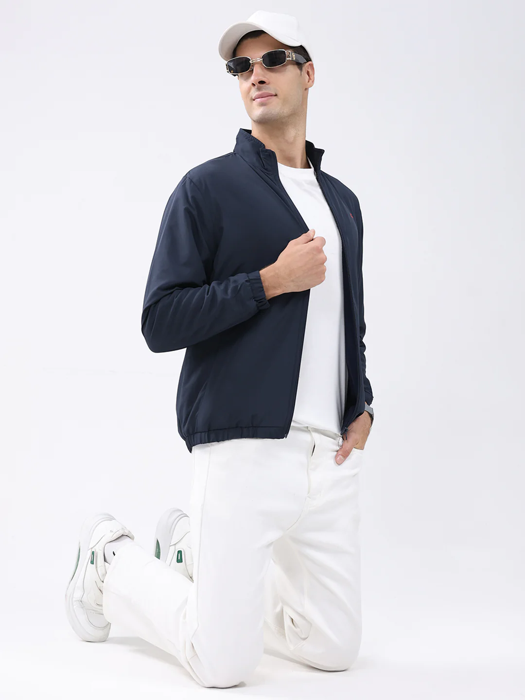 Men Navy Blue Solid Stand Collar Full Sleeve Jacket - Image 2