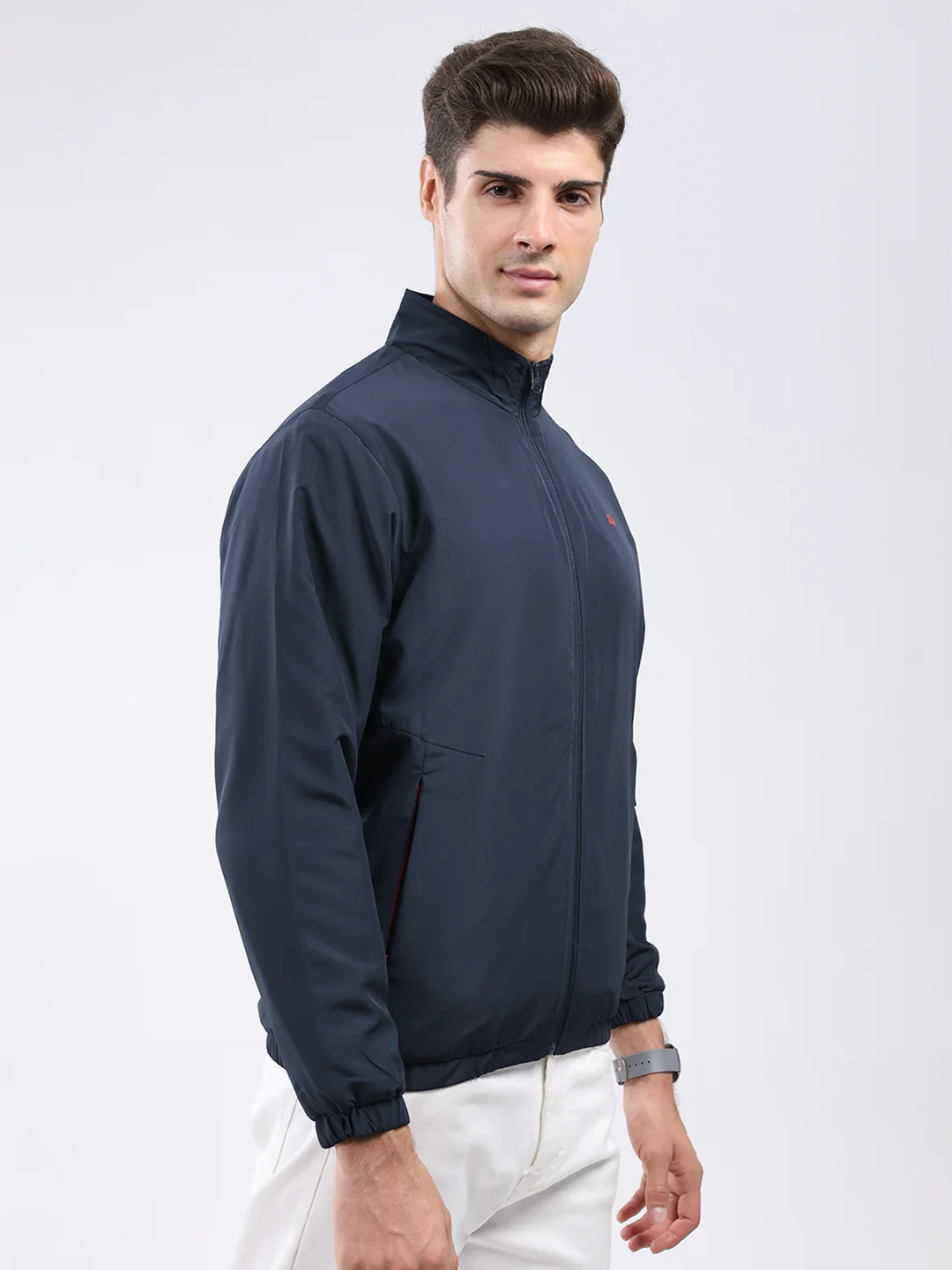 Men Navy Blue Solid Stand Collar Full Sleeve Jacket - Image 4