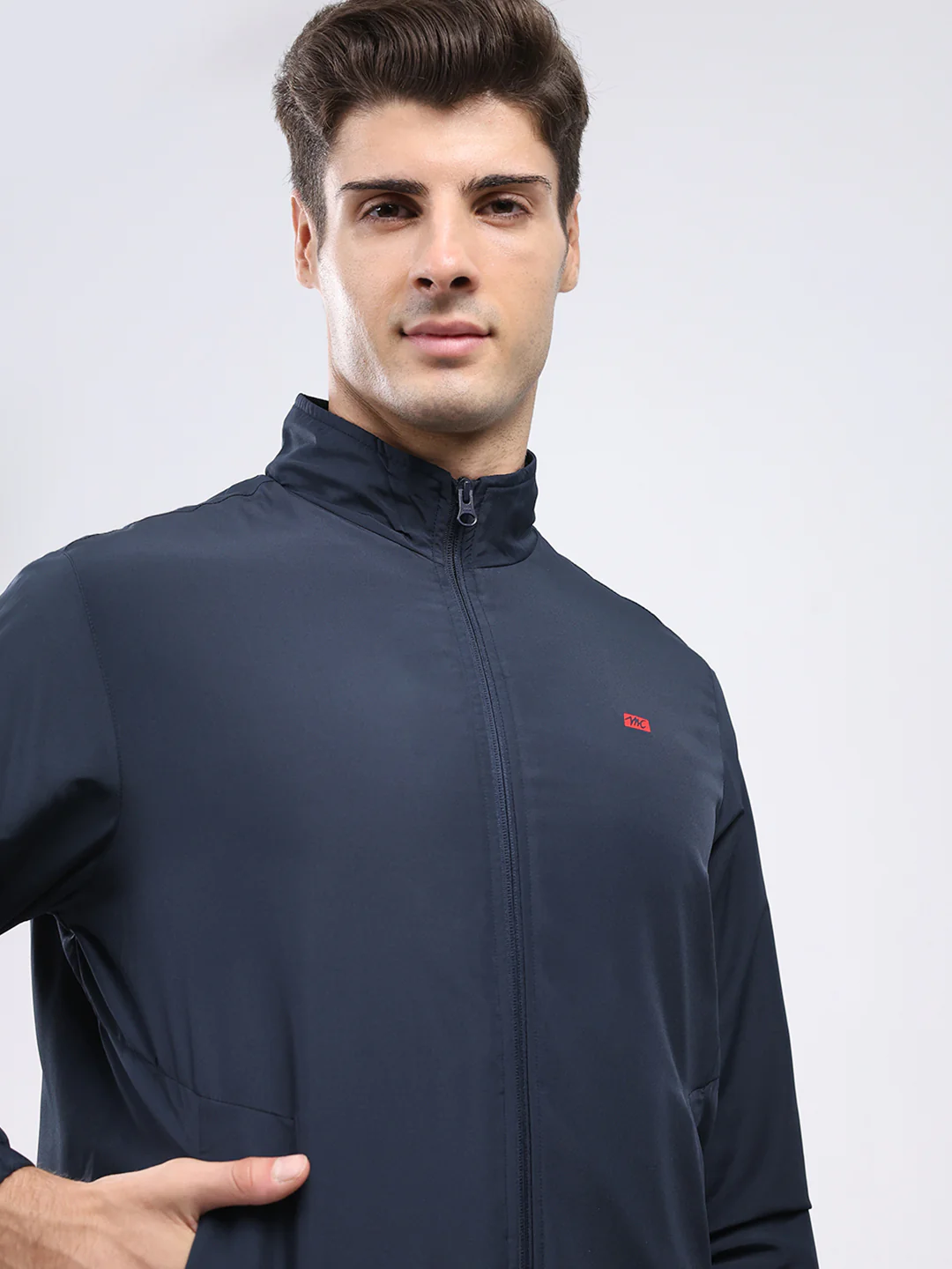Men Navy Blue Solid Stand Collar Full Sleeve Jacket - Image 7