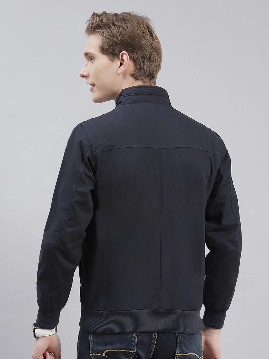 Men Navy Blue Solid Stand Collar Full Sleeve Jackets - Image 5