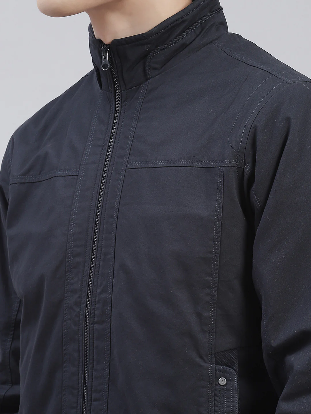 Men Navy Blue Solid Stand Collar Full Sleeve Jackets - Image 6
