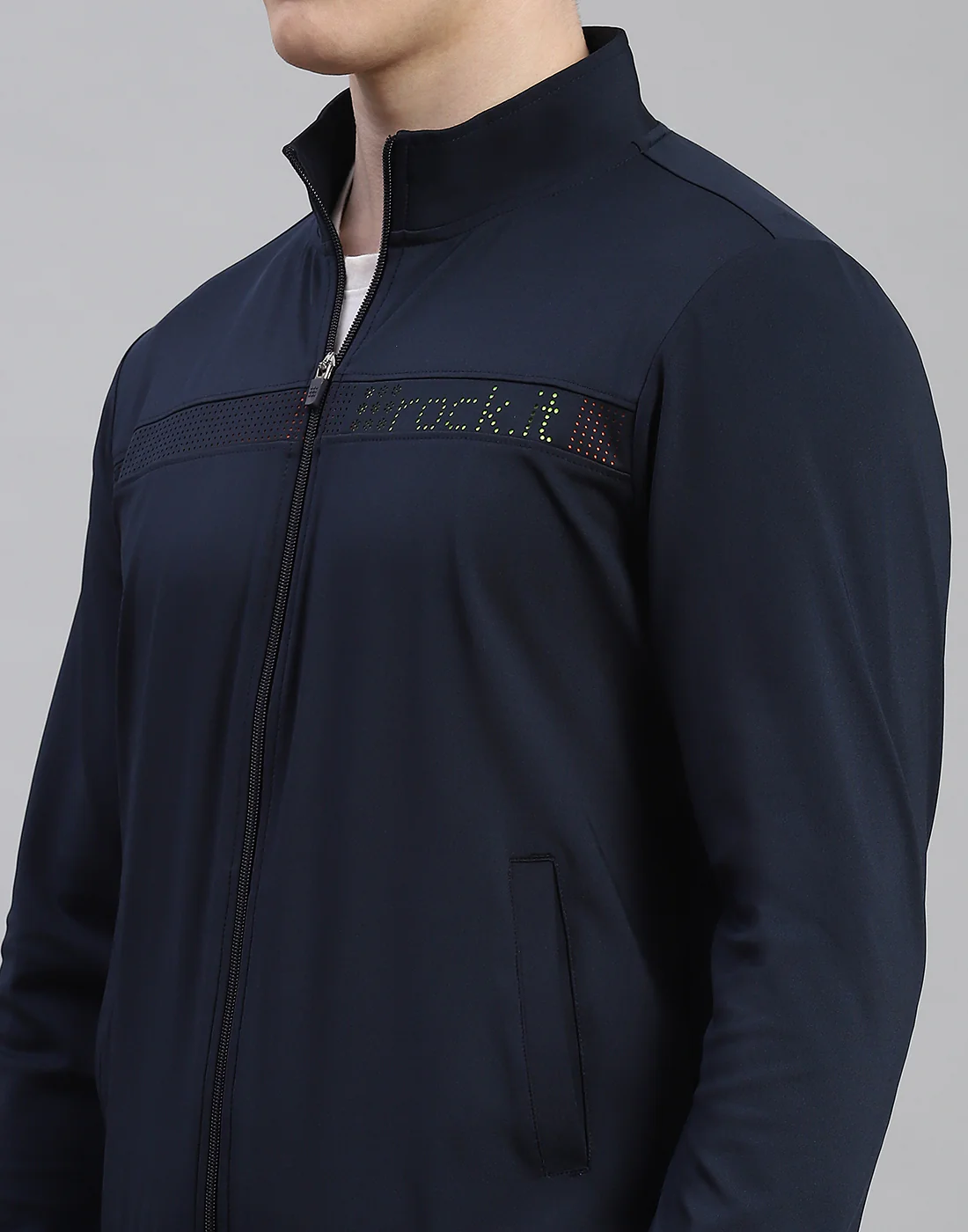 Rock.it Men Navy Blue Solid Stand Collar Full Sleeve Tracksuit - Image 6