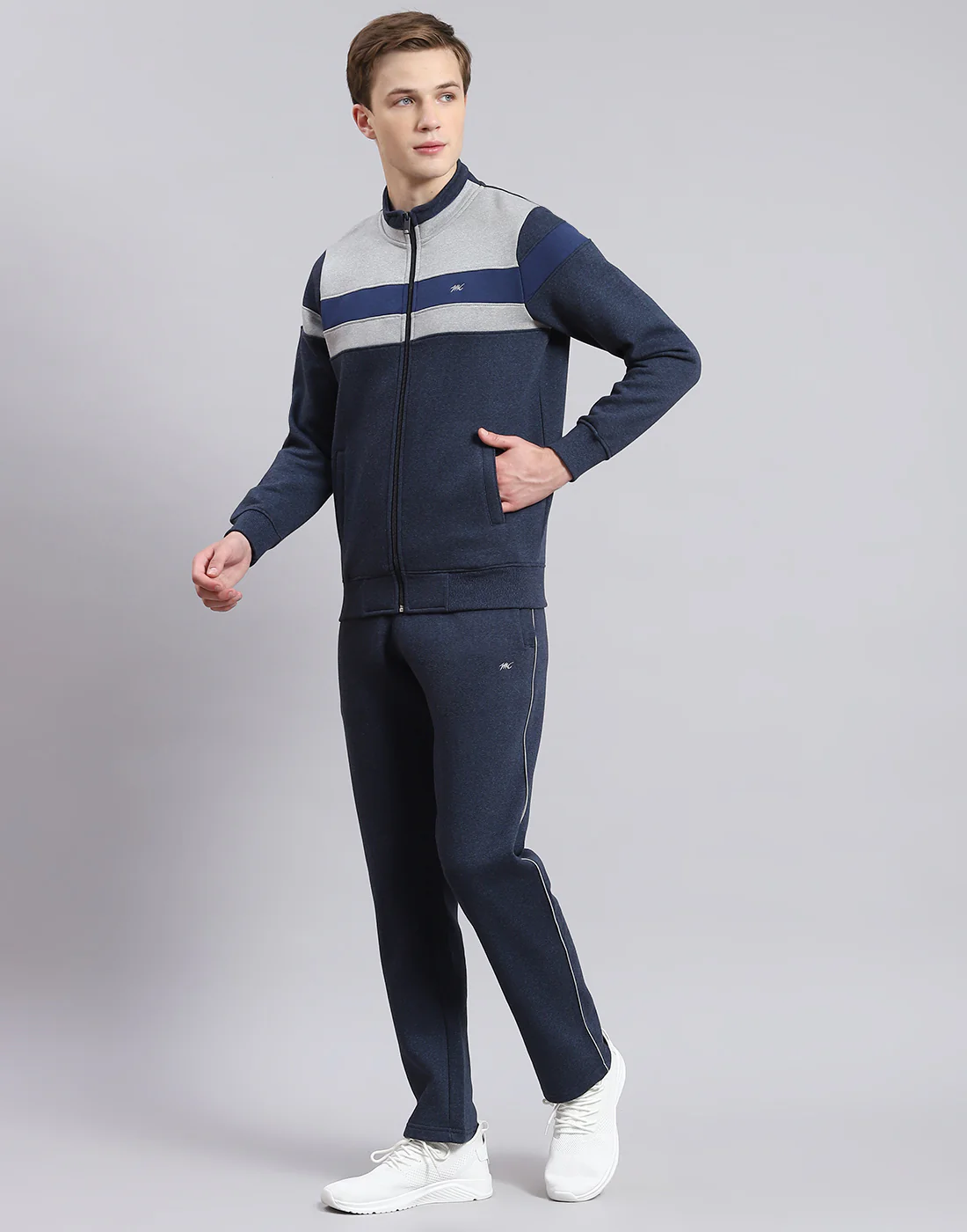 Men Navy Blue Solid Stand Collar Full Sleeve Tracksuit - Image 4