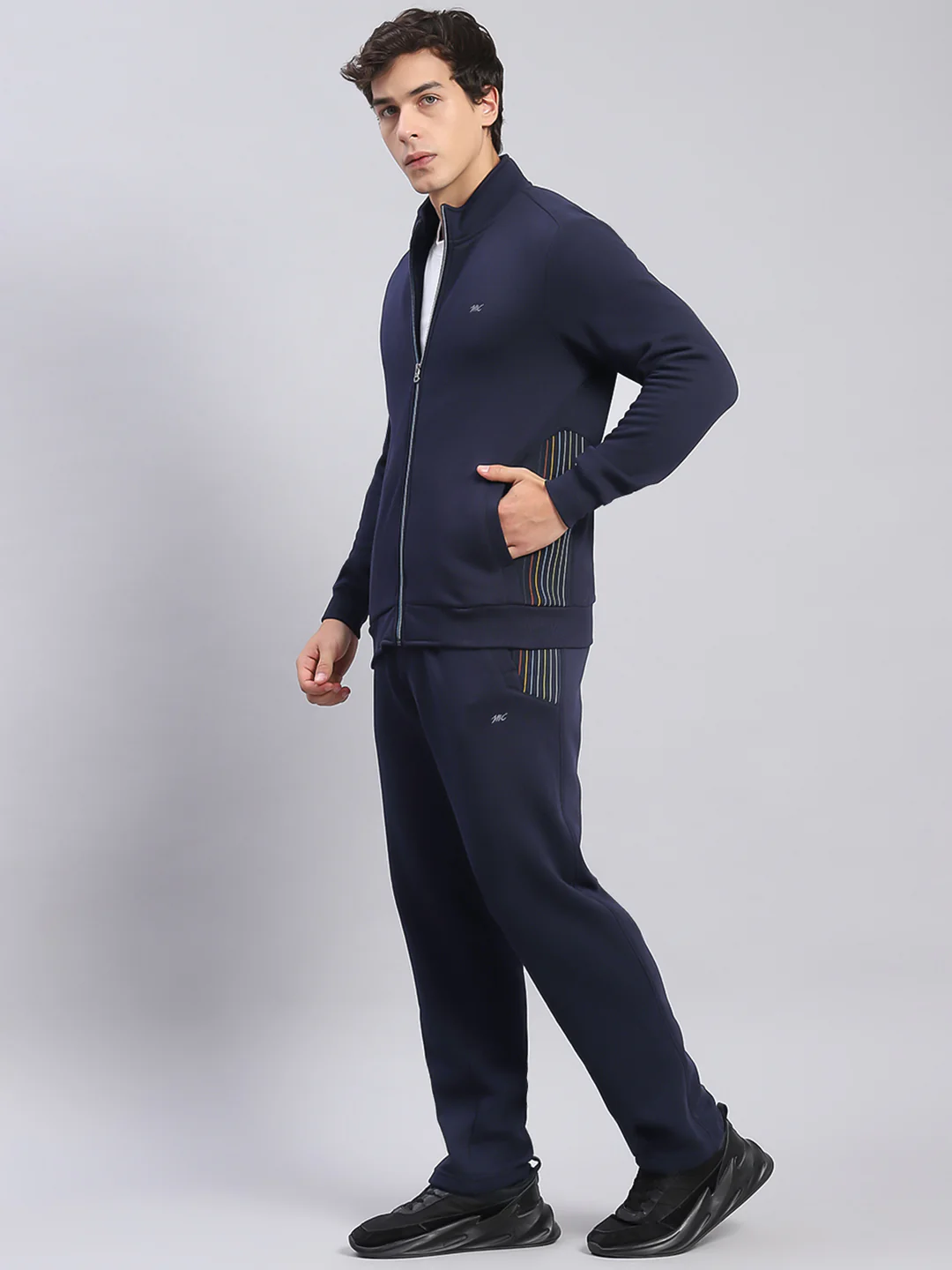 Men Navy Blue Solid Stand Collar Full Sleeve Tracksuits - Image 3