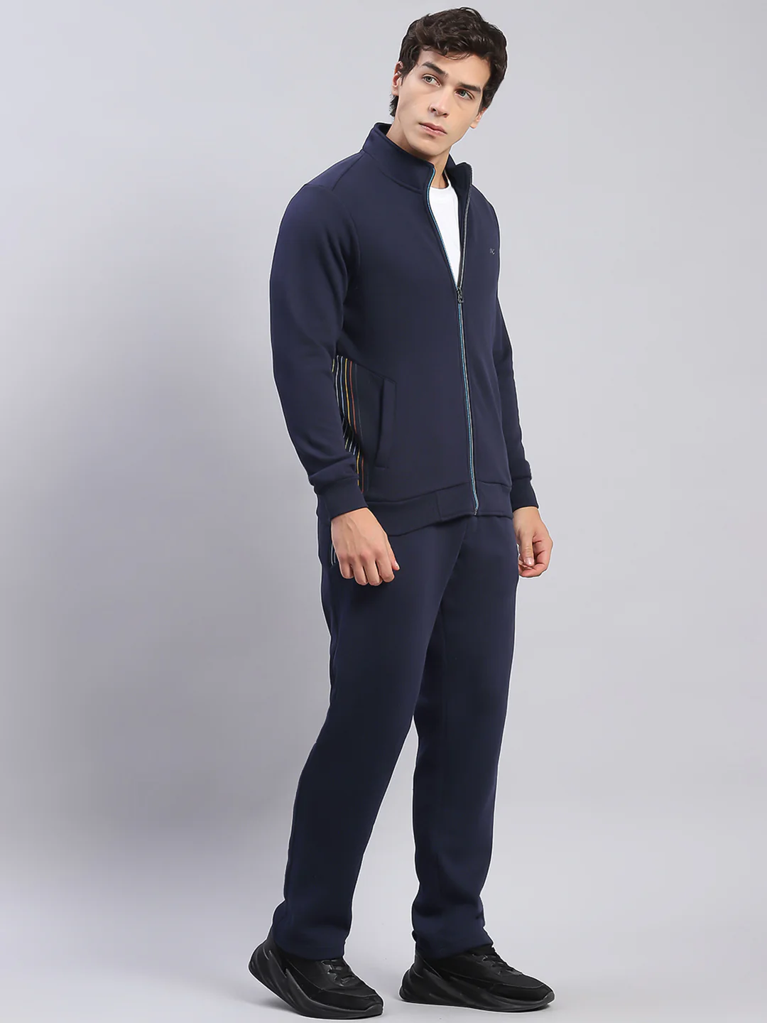 Men Navy Blue Solid Stand Collar Full Sleeve Tracksuits - Image 4