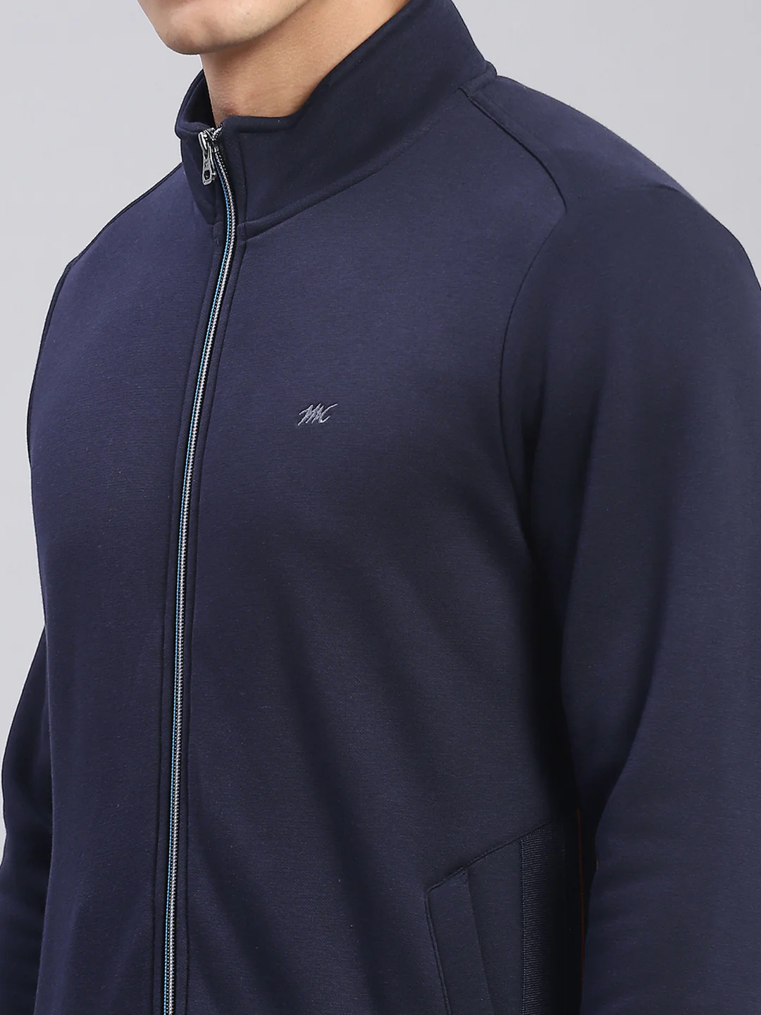 Men Navy Blue Solid Stand Collar Full Sleeve Tracksuits - Image 6