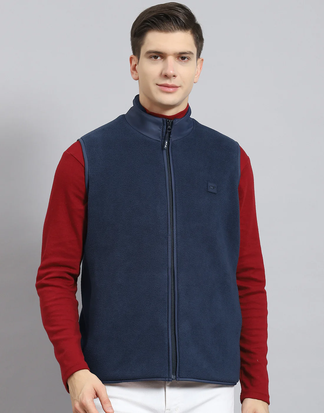 Men Navy Blue Solid Stand Collar Sleeveless Jacket - Image 4
