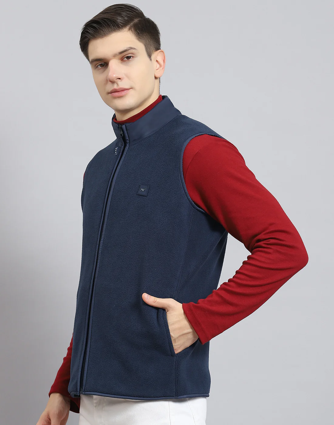Men Navy Blue Solid Stand Collar Sleeveless Jacket - Image 5