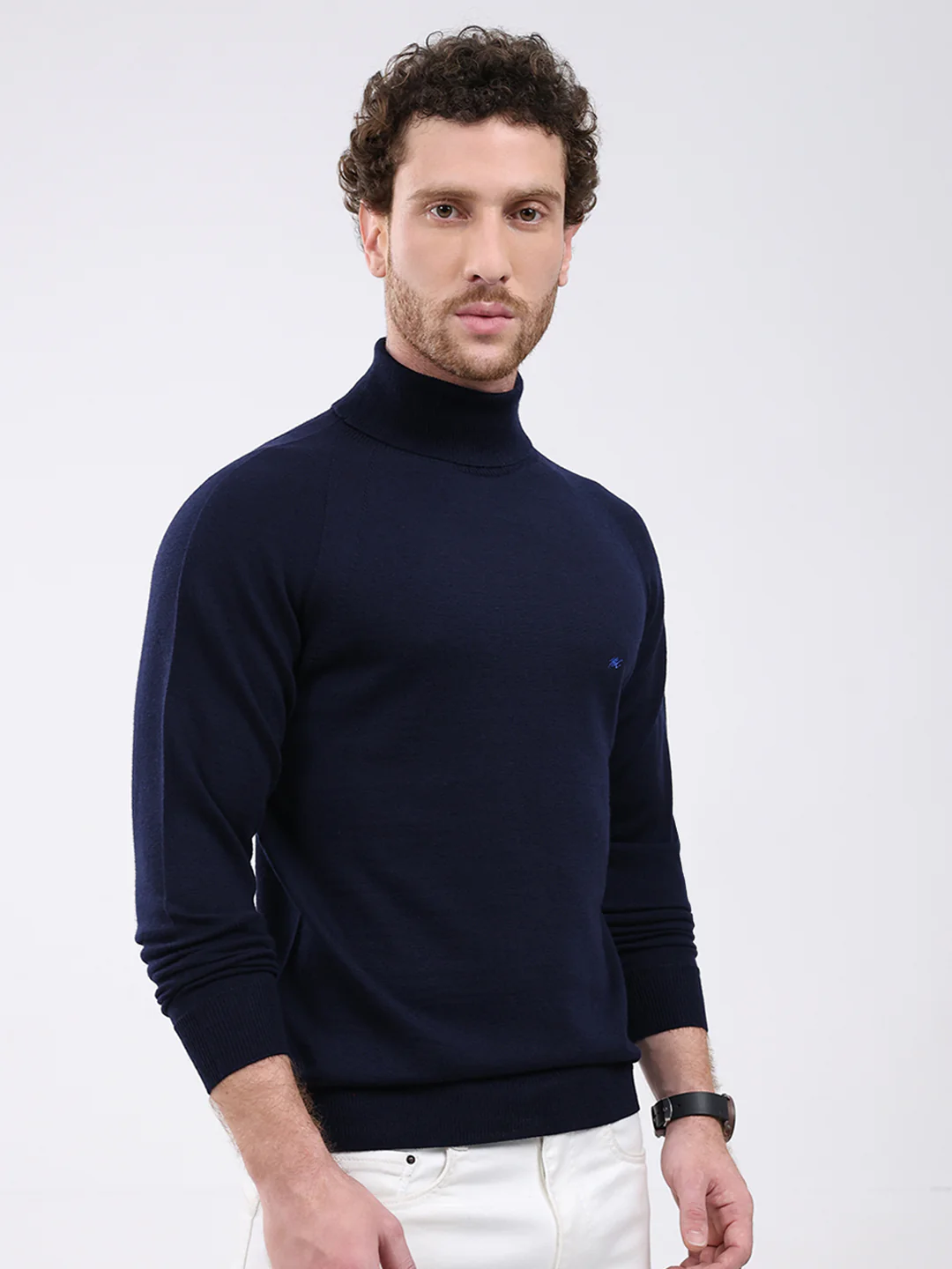 Men Navy Blue Solid Turtle Neck Full Sleeve Pullover - Image 4
