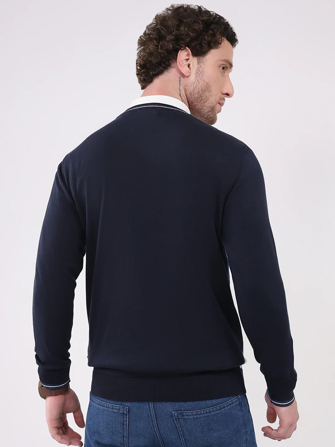 Men Navy Blue Solid V Neck Full Sleeve Pullover - Image 5