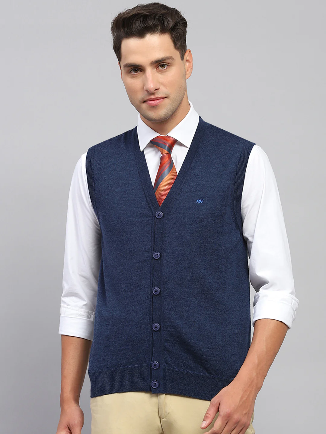 Men Navy Blue Solid V Neck Sleeveless Cardigan - Image 2