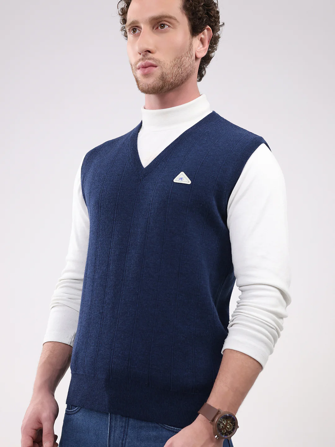 Men Navy Blue Solid V Neck Sleeveless Sweater - Image 6