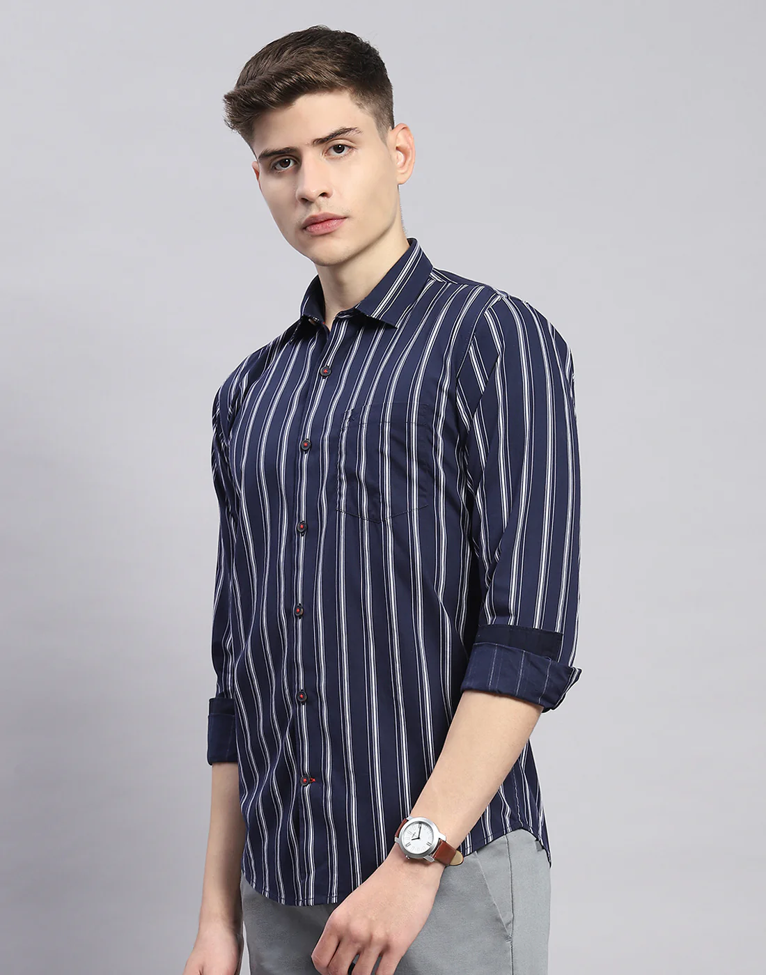 Men Navy Blue Stripe Collar Full Sleeve Shirt - Image 4