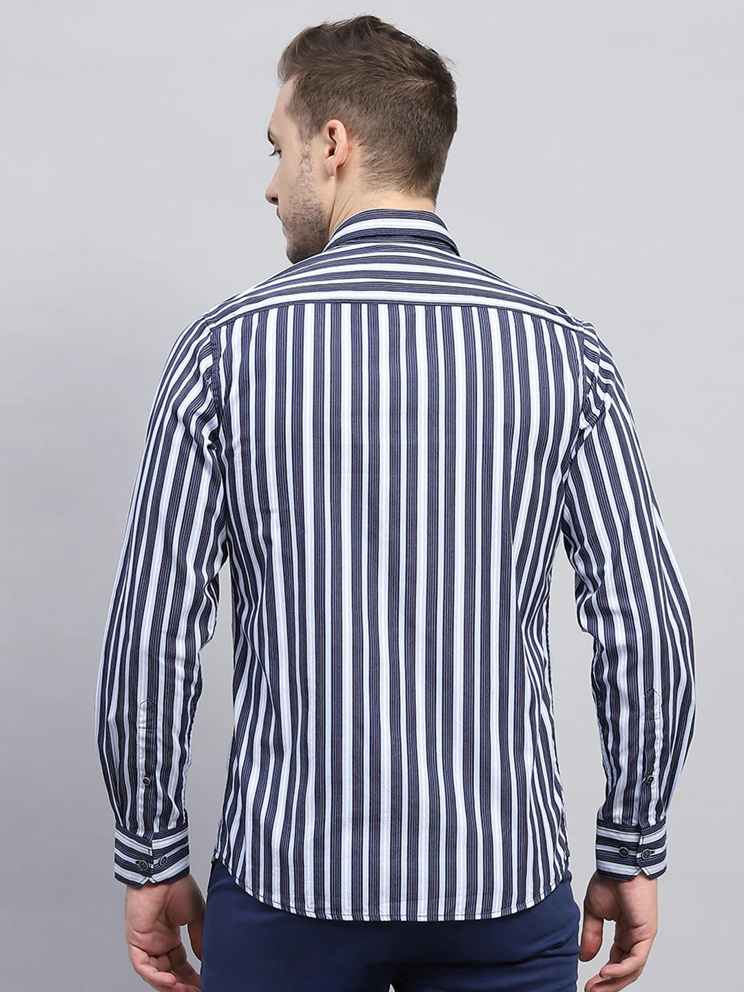 Men Navy Blue Stripe Collar Full Sleeve Shirt - Image 5
