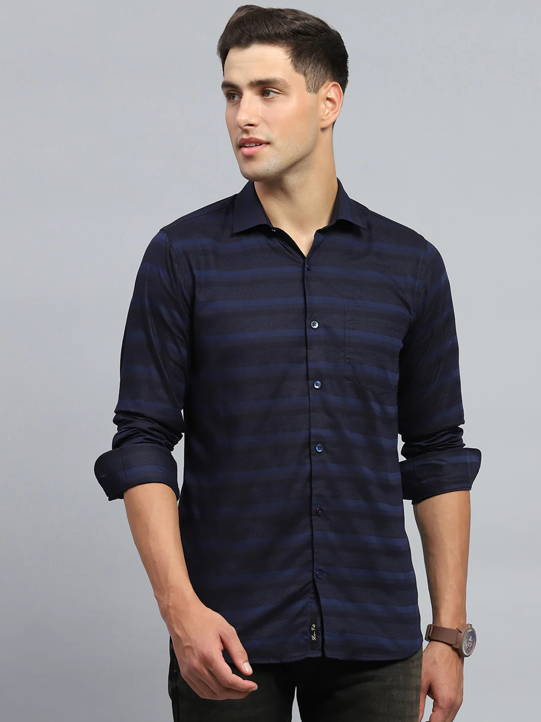 Men Navy Blue Stripe Collar Full Sleeve Shirt - Image 2