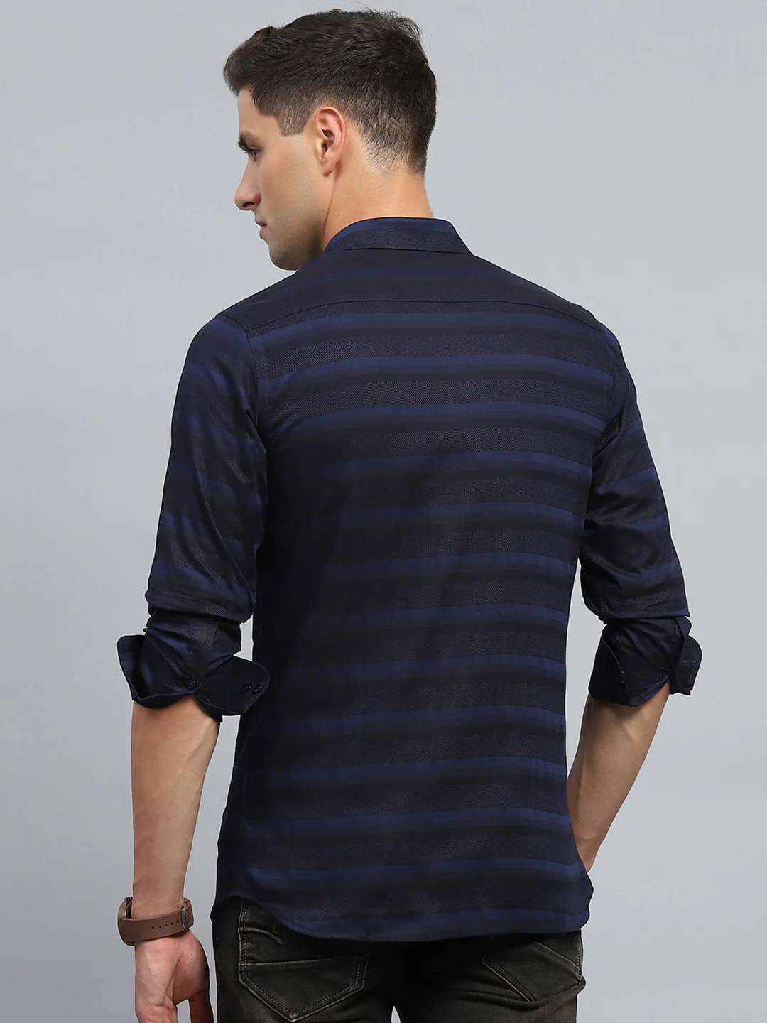 Men Navy Blue Stripe Collar Full Sleeve Shirt - Image 5