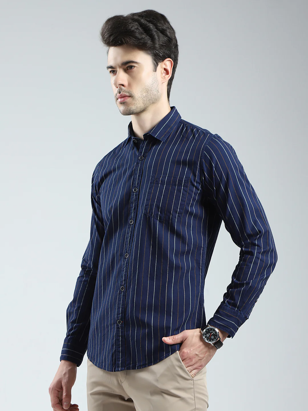 Men Navy Blue Stripe Collar Full Sleeve Shirt - Image 3