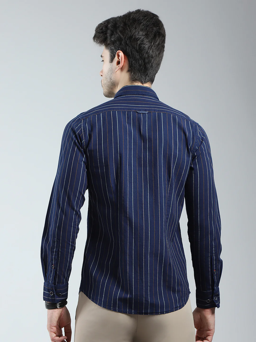 Men Navy Blue Stripe Collar Full Sleeve Shirt - Image 5