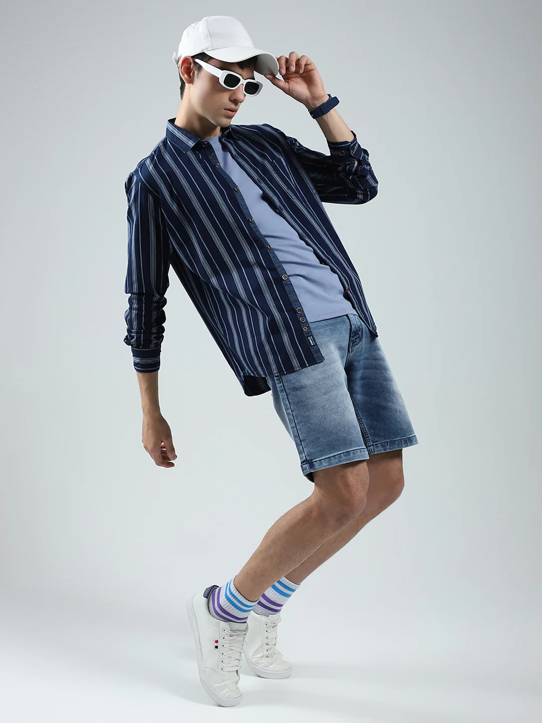 Men Navy Blue Stripe Collar Full Sleeve Shirt - Image 2
