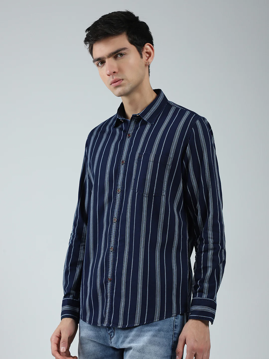 Men Navy Blue Stripe Collar Full Sleeve Shirt - Image 3