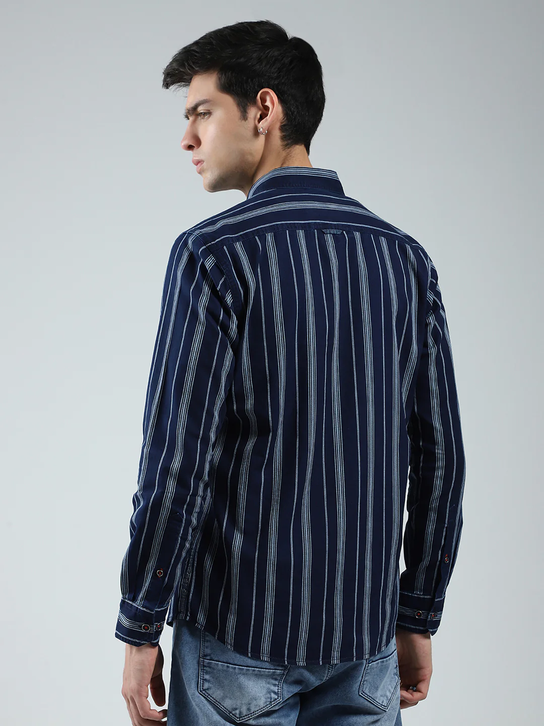Men Navy Blue Stripe Collar Full Sleeve Shirt - Image 5