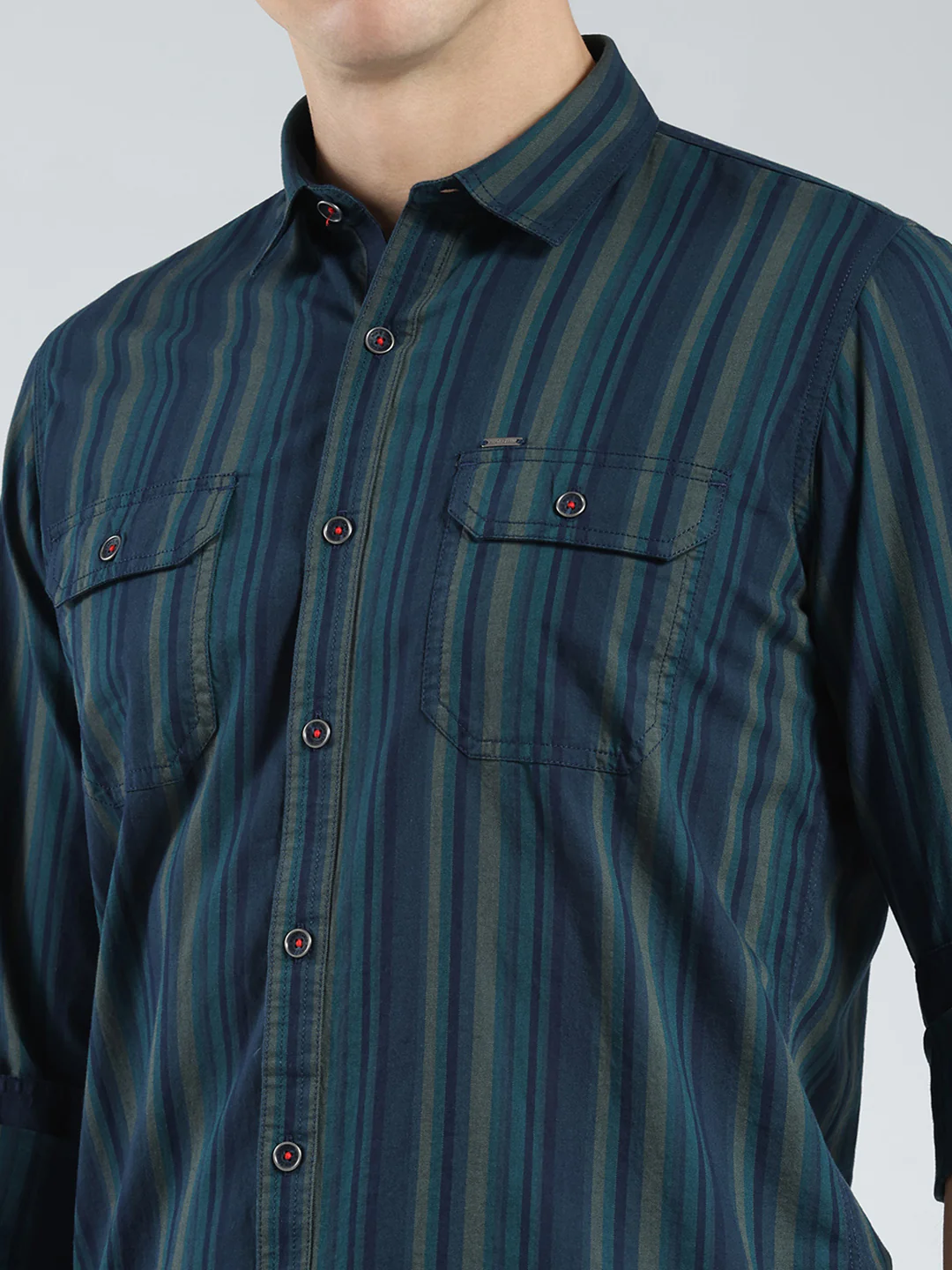 Men Navy Blue Stripe Collar Full Sleeve Shirt - Image 6
