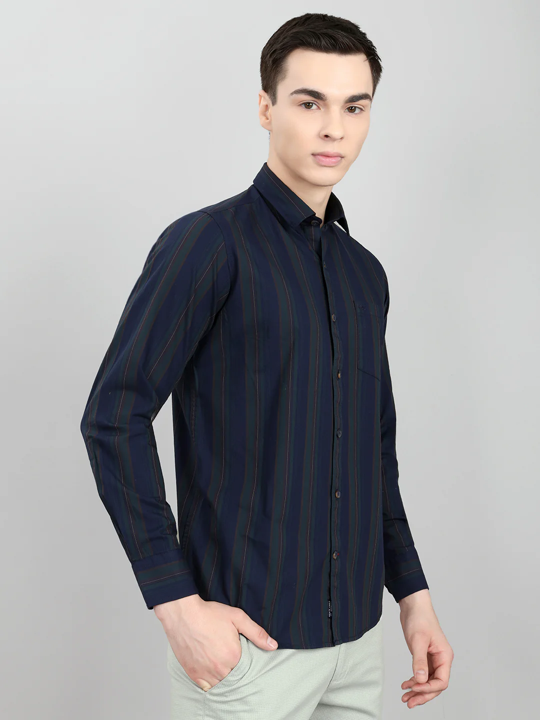 Men Navy Blue Stripe Collar Full Sleeve Shirt - Image 3