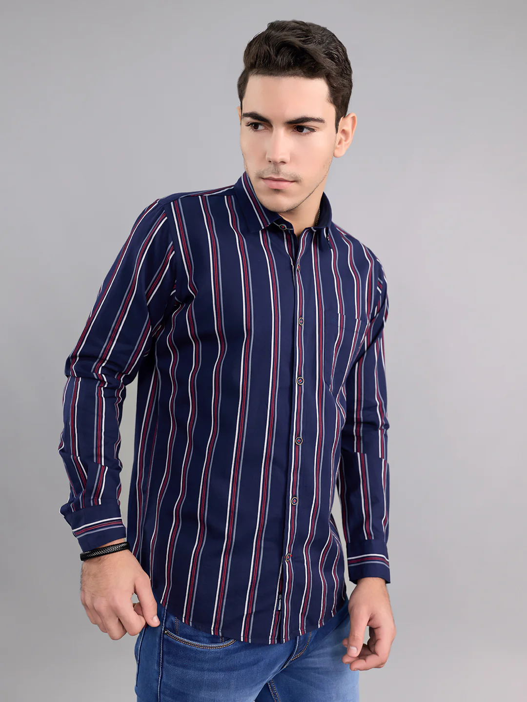 Men Navy Blue Stripe Collar Full Sleeve Shirt - Image 2